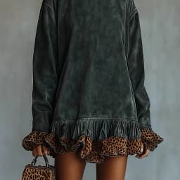 Turtleneck Leopard Trim Dress for Women's Long Sleeve Suede Velvet Flare Sleeve Casual Retro Loose Straight Mini Dresses 2025