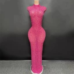 Sparkly Rhinestone Sleeveless Stretchy Mesh See Through Long Dress Women Luxury Evening Prom Gown Singer Dancer Show Stage Wear