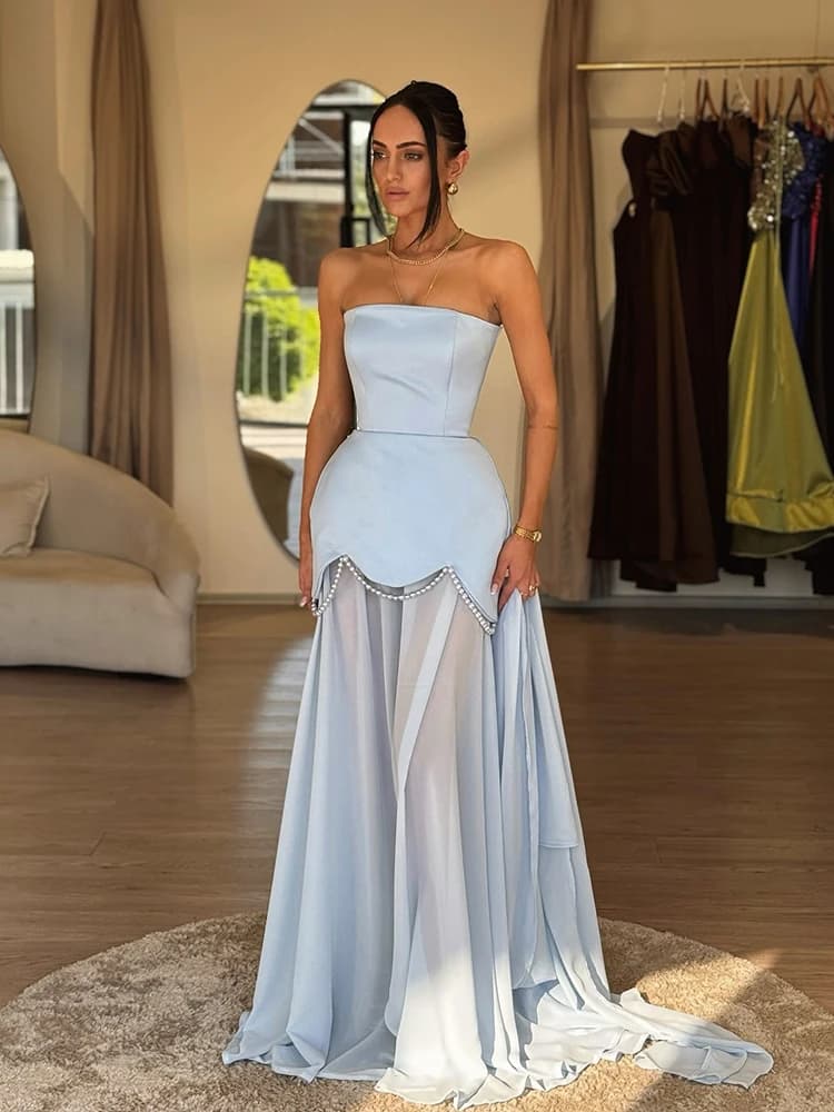 Elegant Pearl Mesh Patchwork Maxi Dress Women Strapless Ribbon Backless Long Dress Luxury Wedding Guest Party Evening Dress 2026