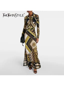 TWOTWINSTYLE Hit Color Printing Spliced Buttons Casual Dresses for Women Lapel Long Sleeves Fashion Dress Female Clothing New