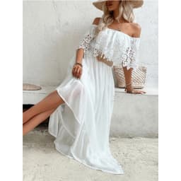 White Dress Women Long Dresses Off Shoulder A Line Vestidos Lace Ruffles Slim Elegant Splice Y2k High Waist Party Summer 2025