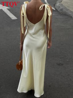 TTQV Sexy Loose Yellow Satin Women's Dress 2026 Summer V-Neck Sleeveless Maxi Dresses Elegant Classic Lace-Up Female Dress