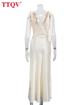 TTQV Sexy Loose Yellow Satin Women's Dress 2026 Summer V-Neck Sleeveless Maxi Dresses Elegant Classic Lace-Up Female Dress