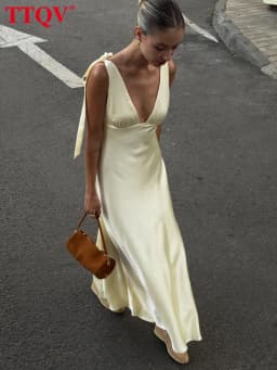 TTQV Sexy Loose Yellow Satin Women's Dress 2026 Summer V-Neck Sleeveless Maxi Dresses Elegant Classic Lace-Up Female Dress