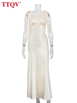 TTQV Sexy Loose Yellow Satin Women's Dress 2026 Summer V-Neck Sleeveless Maxi Dresses Elegant Classic Lace-Up Female Dress