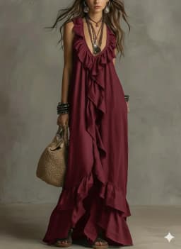 Loose Casual Dress Spring Summer Solid Color Elegant Fashion Bohemian Style Ruffled Loose Waist Sleeveless V-Neck Long Dresses