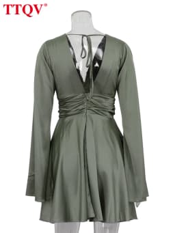 TTQV Fashion Loose Green Satin Women Dress 2024 Sexy V-Neck Long Sleeve Mini Dresses Elegant Classic High Waist Female Dress
