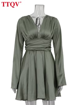 TTQV Fashion Loose Green Satin Women Dress 2024 Sexy V-Neck Long Sleeve Mini Dresses Elegant Classic High Waist Female Dress