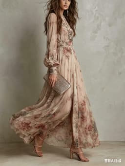 Elegant Long Sleeve Chiffon Long Dresses For Women 2026 Fashion Floral Print Slim Party Maxi Dress Casual