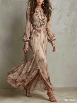 Elegant Long Sleeve Chiffon Long Dresses For Women 2026 Fashion Floral Print Slim Party Maxi Dress Casual