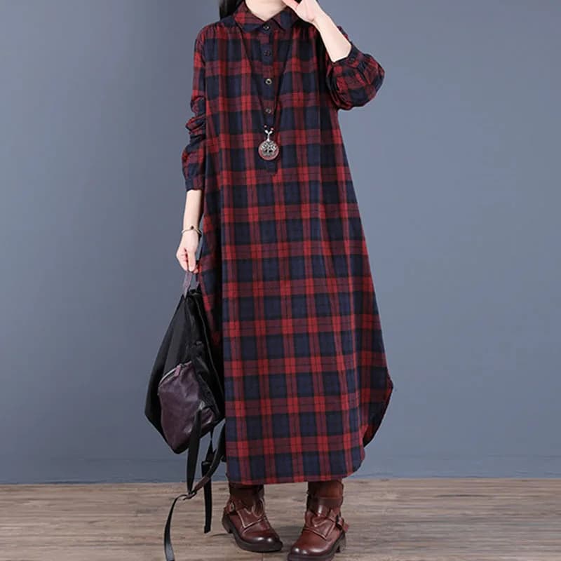 Johnature Spring Retro Plaid Pockets Turn-down Collar Long Sleeve Dresses 2025 New Loose Leisure Single Breasted Women Dress