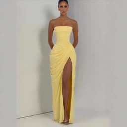 Mingmingxi Spring Summer Yellow Strapless Maxi Dress Ruched High Slit Evening Gown Bodycon Wedding Guest Party Dress Women