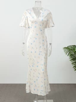 Printed Floral Print Elegant Long Dress For Women Short Sleeve V Neck Fashion Slim Dress Satin Commuting Banquet Female Dress