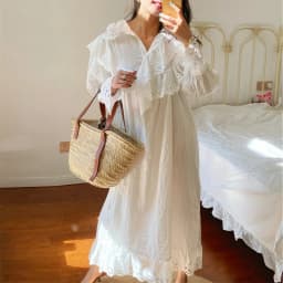 Flare Long Sleeve Ruffles Dress For Women Robe Cotton White Floral Embroidery Lace Dresses Oversize Casual Autumn Boho Vestidos