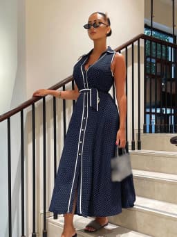 HH Woman Elegant Sleeveless Single-breasted Midi Dress Summer Female Lapel White Polka Dot Shirt Style Chart Dress Mujer