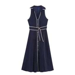 HH Woman Elegant Sleeveless Single-breasted Midi Dress Summer Female Lapel White Polka Dot Shirt Style Chart Dress Mujer
