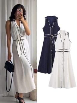 HH Woman Elegant Sleeveless Single-breasted Midi Dress Summer Female Lapel White Polka Dot Shirt Style Chart Dress Mujer