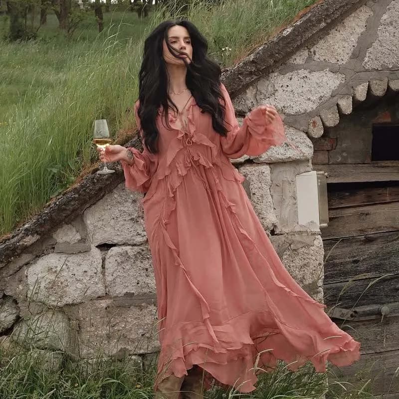YENKYE 2025 Women Cascade Ruffles Lace Up V Neck Chiffon Long Dresses Full Sleeve A-line  Holiday Autumn Dress Maxi Vestidos