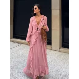 YENKYE 2025 Women Cascade Ruffles Lace Up V Neck Chiffon Long Dresses Full Sleeve A-line  Holiday Autumn Dress Maxi Vestidos