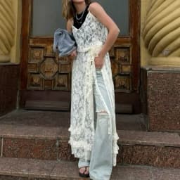 Puloru See-through White Lace Sheer Cover-up Dress Summer Fairy Street Long Cami Dress Women Spaghetti Straps V-neck Slit Dress
