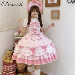 New 2025 Summer Original Sweet Lolita Jsk Dress Cute Bow Lace Stitching Kawaii Girls Women Elegant Slim Suspender Dresses