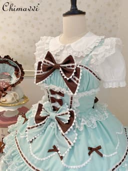 New 2025 Summer Original Sweet Lolita Jsk Dress Cute Bow Lace Stitching Kawaii Girls Women Elegant Slim Suspender Dresses