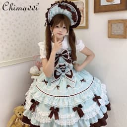 New 2025 Summer Original Sweet Lolita Jsk Dress Cute Bow Lace Stitching Kawaii Girls Women Elegant Slim Suspender Dresses