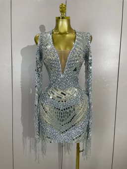 Luxury Birthday Sparkly Diamonds Sequin Tassels Long Sleeves Sheer Mini Dress Evening Party Sexy Mesh Nightclub Photo Shoot Wear