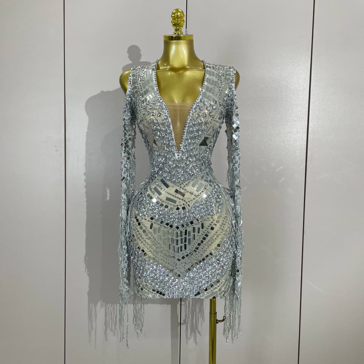 Luxury Birthday Sparkly Diamonds Sequin Tassels Long Sleeves Sheer Mini Dress Evening Party Sexy Mesh Nightclub Photo Shoot Wear