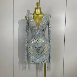 Luxury Birthday Sparkly Diamonds Sequin Tassels Long Sleeves Sheer Mini Dress Evening Party Sexy Mesh Nightclub Photo Shoot Wear
