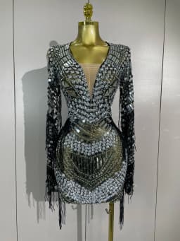 Luxury Birthday Sparkly Diamonds Sequin Tassels Long Sleeves Sheer Mini Dress Evening Party Sexy Mesh Nightclub Photo Shoot Wear