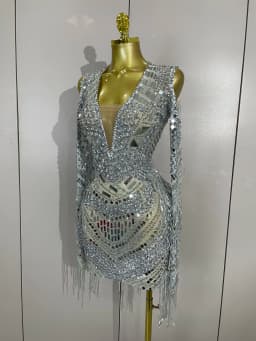 Luxury Birthday Sparkly Diamonds Sequin Tassels Long Sleeves Sheer Mini Dress Evening Party Sexy Mesh Nightclub Photo Shoot Wear