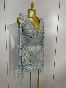 Luxury Birthday Sparkly Diamonds Sequin Tassels Long Sleeves Sheer Mini Dress Evening Party Sexy Mesh Nightclub Photo Shoot Wear