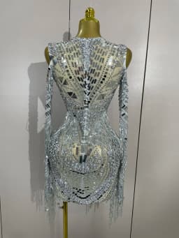Luxury Birthday Sparkly Diamonds Sequin Tassels Long Sleeves Sheer Mini Dress Evening Party Sexy Mesh Nightclub Photo Shoot Wear