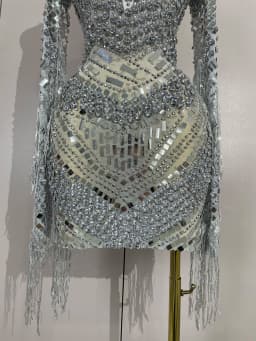 Luxury Birthday Sparkly Diamonds Sequin Tassels Long Sleeves Sheer Mini Dress Evening Party Sexy Mesh Nightclub Photo Shoot Wear