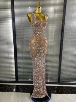 Sparkly Crystal Mesh See Through Women Sleeveless Sexy Bodycon Long Gowns Dress Evening Party Celebrate Birthday Outfit