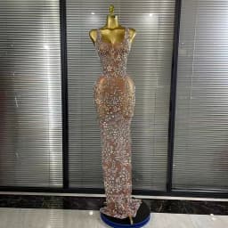 Sparkly Crystal Mesh See Through Women Sleeveless Sexy Bodycon Long Gowns Dress Evening Party Celebrate Birthday Outfit
