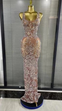 Sparkly Crystal Mesh See Through Women Sleeveless Sexy Bodycon Long Gowns Dress Evening Party Celebrate Birthday Outfit
