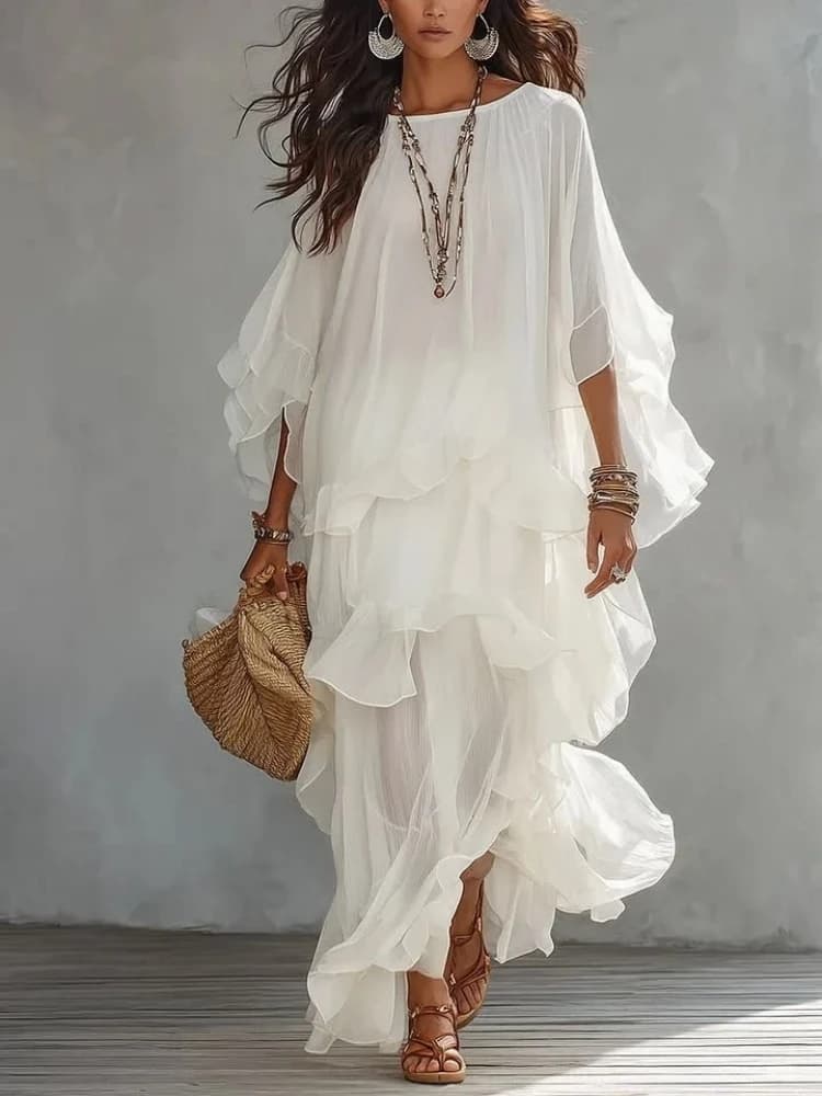 Vintage Flowy Solid Dress Women Round Neck See Through Batwing Sleeve Ruffle Hem Loose Dress New Casual Beach Holiday Maxi Dress