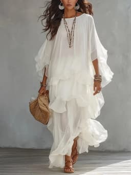 Vintage Flowy Solid Dress Women Round Neck See Through Batwing Sleeve Ruffle Hem Loose Dress New Casual Beach Holiday Maxi Dress