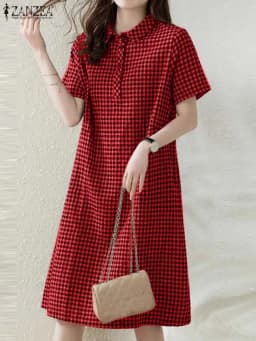 ZANZEA Women Plaid Long Shirt Dress 2024 Summer Short Sleeve Midi Dress Fashion Office Lapel Neck Robe Casual Loose Lady Vestido