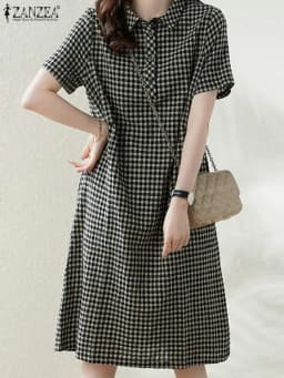 ZANZEA Women Plaid Long Shirt Dress 2024 Summer Short Sleeve Midi Dress Fashion Office Lapel Neck Robe Casual Loose Lady Vestido