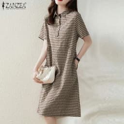 ZANZEA Women Plaid Long Shirt Dress 2024 Summer Short Sleeve Midi Dress Fashion Office Lapel Neck Robe Casual Loose Lady Vestido