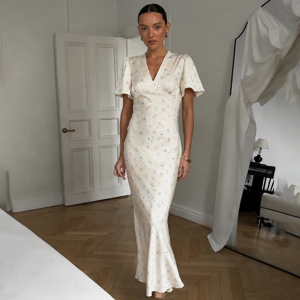 Ticketsx Elegant Women's Print Dress Summer Fashion Ruched Patchwork Lace Up Slim Long Dress Vintage Party Vacation Female Dress