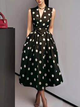 2026 Summer Dresses for Women Sleeveless Retro French Polka Dot V-Neck Black White Pin Up Party Rope Big Swing Vestidos