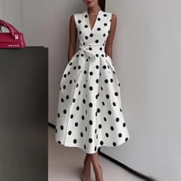 2026 Summer Dresses for Women Sleeveless Retro French Polka Dot V-Neck Black White Pin Up Party Rope Big Swing Vestidos