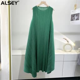 ALSEY Miyake Pleated Fashion Sleeveless Women for Dress Summer New Elegant O-neck Solid Color Loose Simple Casual Party Dress
