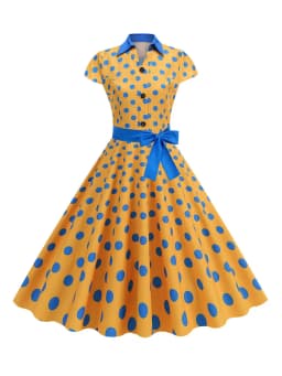 Summer Women's Dress Elegant Vintage 1950s Polka Dot Print Turn-Down Collar Party Robe Sundress with Belt