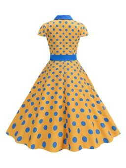 Summer Women's Dress Elegant Vintage 1950s Polka Dot Print Turn-Down Collar Party Robe Sundress with Belt