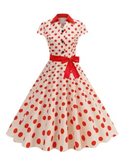 Summer Women's Dress Elegant Vintage 1950s Polka Dot Print Turn-Down Collar Party Robe Sundress with Belt